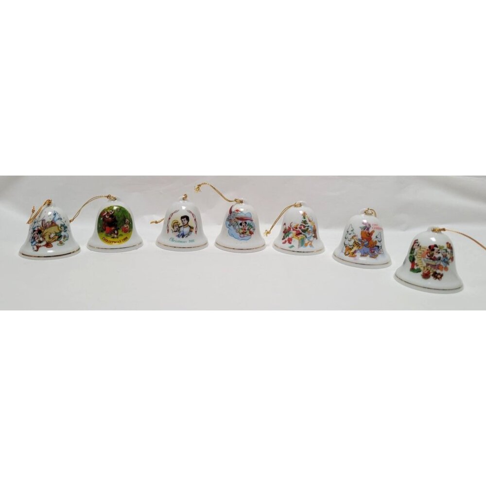 Lot of 7 Vintage 1980s 1990s 2000s Disney 2" Ceramic Christmas Bell Ornaments